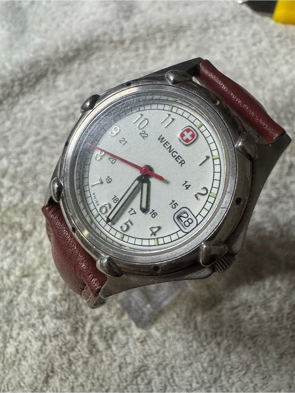 Wenger White Dial Watch with Brown Strap and Red Accent